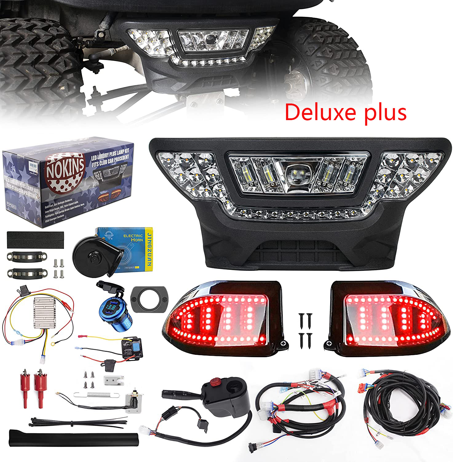 NOKINS Deluxe Plus LED Light Kit for Club Car Precedent Electric & Gas 2004-UP,Tempo Golf Cart ,Mechanical Brake Switch,20A DC Converter Regulator,Time-delay Relay,USB Charger,Snail Horn,Low/High Beam,DRL,Upgrade Bumper Headlight,Scanning Turn Taillights with Sequential Turn Signal Operation
