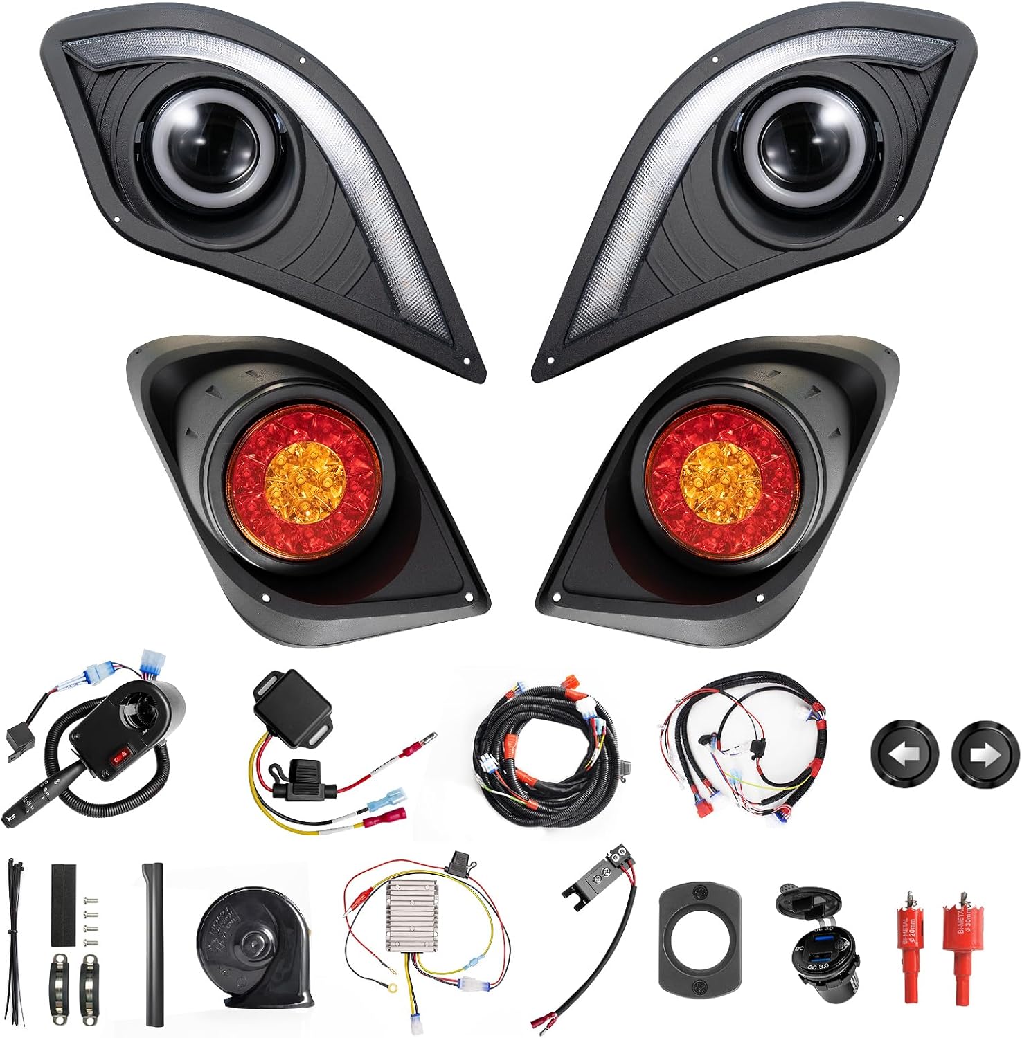 NOKINS Deluxe Plus LED Light Kit For Yamaha Drive2 Golf Cart, Mechanical Brake Switch,DC Converter Regulator,USB Charger,Time-delay Relay,Turn Signal Tail Light,Snail Horn, Low/High Beam