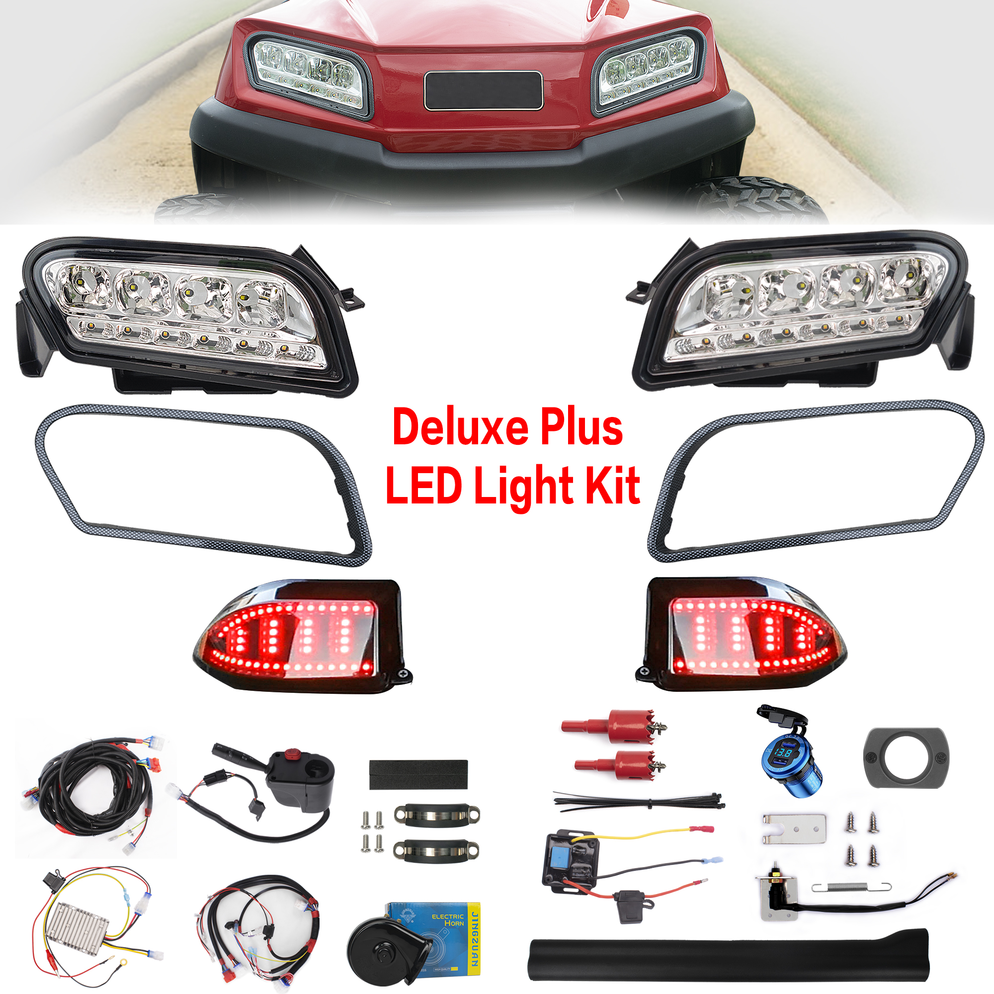 NOKINS Deluxe Plus LED Light Kit for Club Car Tempo/Onward Golf Cart,Mechanical Brake Switch,20A DC Converter Regulator,Time-delay Relay,USB Charger,Snail Horn,Low/High Beam,DRL,Scanning Turn Taillights with Sequential Turn Signal Operation