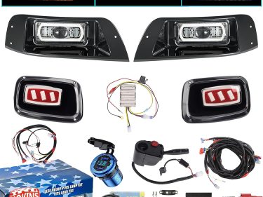 NOKINS Deluxe Plus LED Light Kit Fit EZGO TXT 1996-2013 Gas and Electric Golf Cart 20A DC Converter Regulator, USB Charging Socket Low/High Beam DRL Delay Relay Mechanical Brake Switch