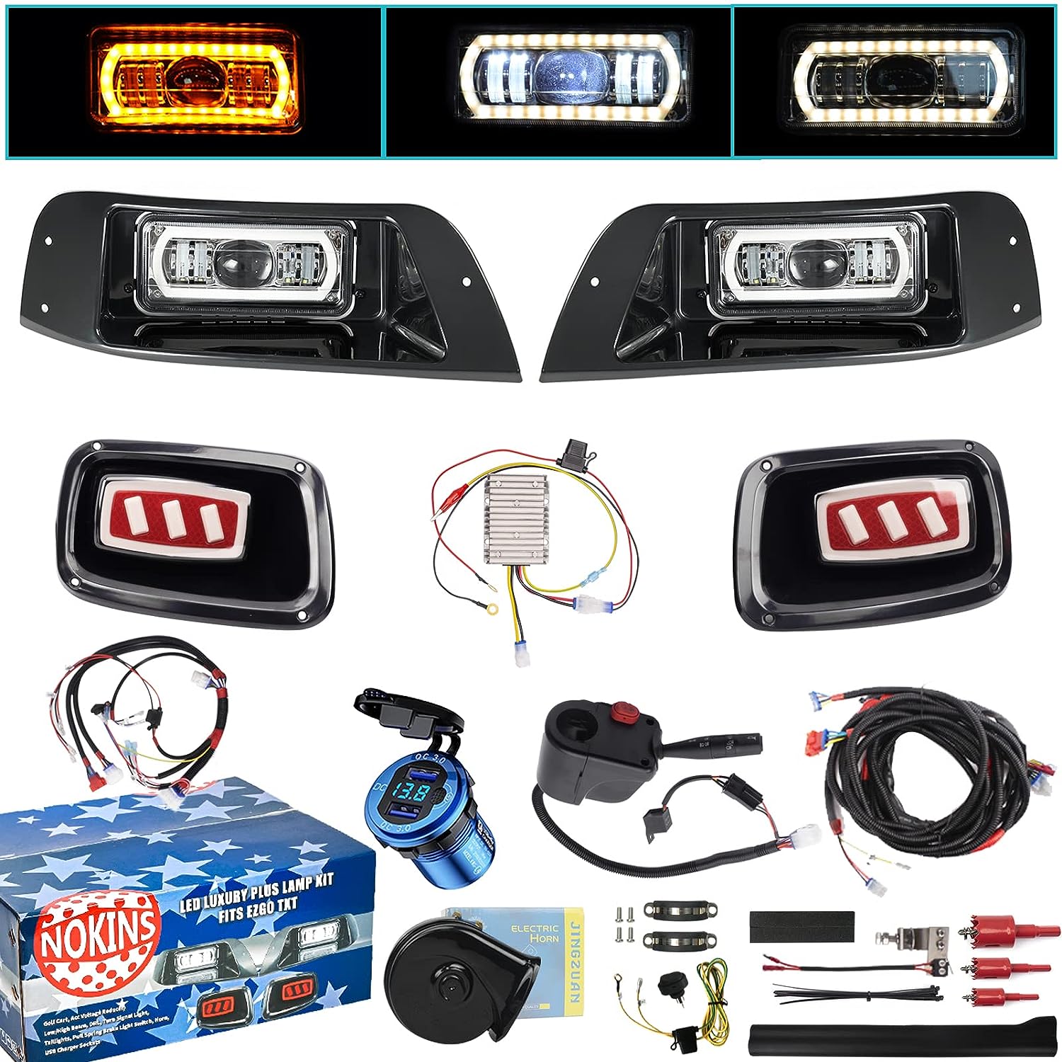 NOKINS Deluxe Plus LED Light Kit Fit EZGO TXT 1996-2013 Gas and Electric Golf Cart 20A DC Converter Regulator, USB Charging Socket Low/High Beam DRL Delay Relay Mechanical Brake Switch