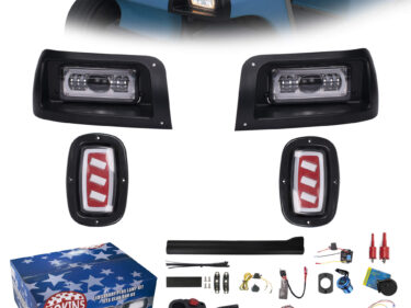 NOKINS Deluxe Plus LED Light Kit Fit Club Car DS 1993-UP Gas and Electric Golf Cart 20A DC Converter Regulator, USB Charging Socket Low/High Beam DRL Delay Relay Mechanical Brake Switch