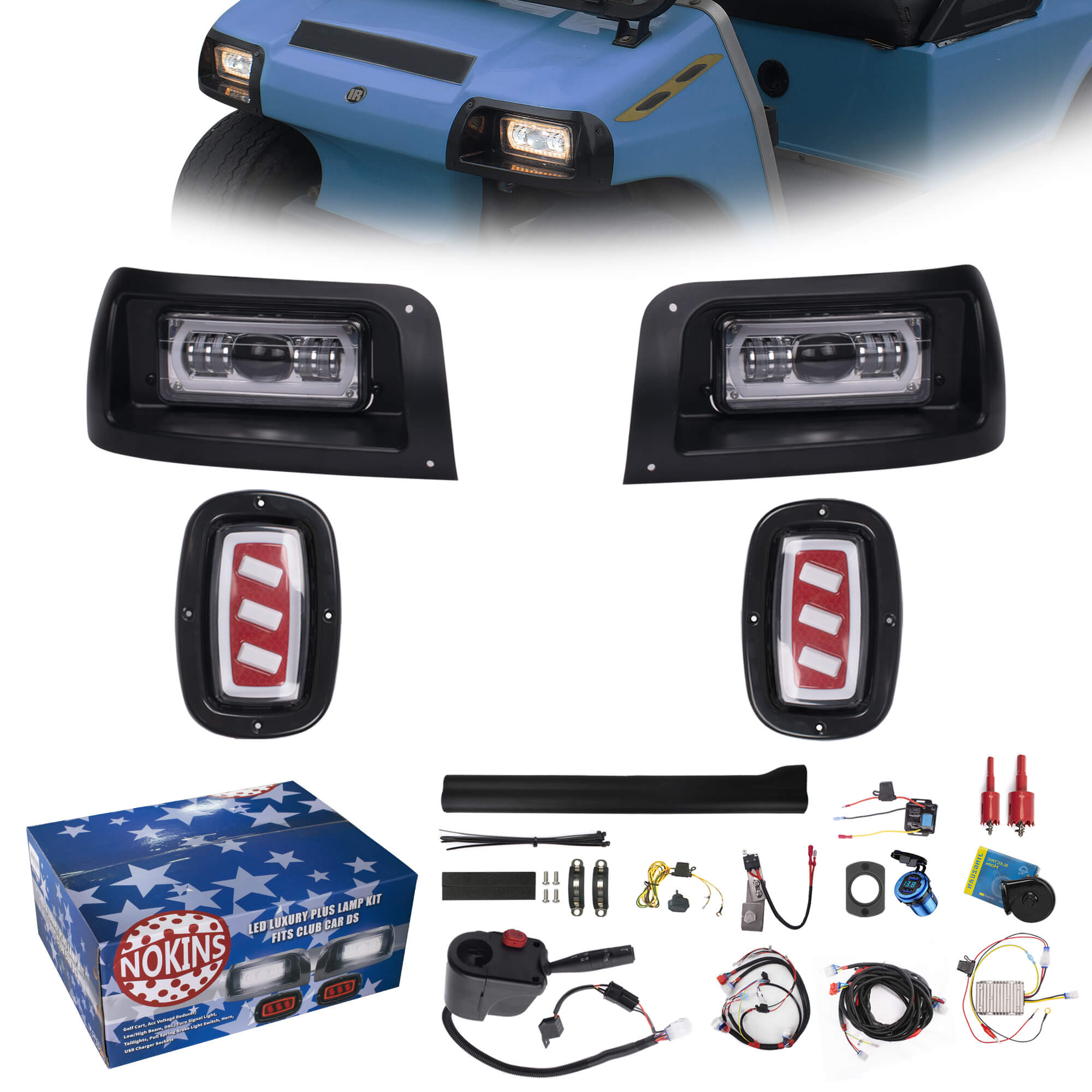 NOKINS Deluxe Plus LED Light Kit Fit Club Car DS 1993-UP Gas and Electric Golf Cart 20A DC Converter Regulator, USB Charging Socket Low/High Beam DRL Delay Relay Mechanical Brake Switch