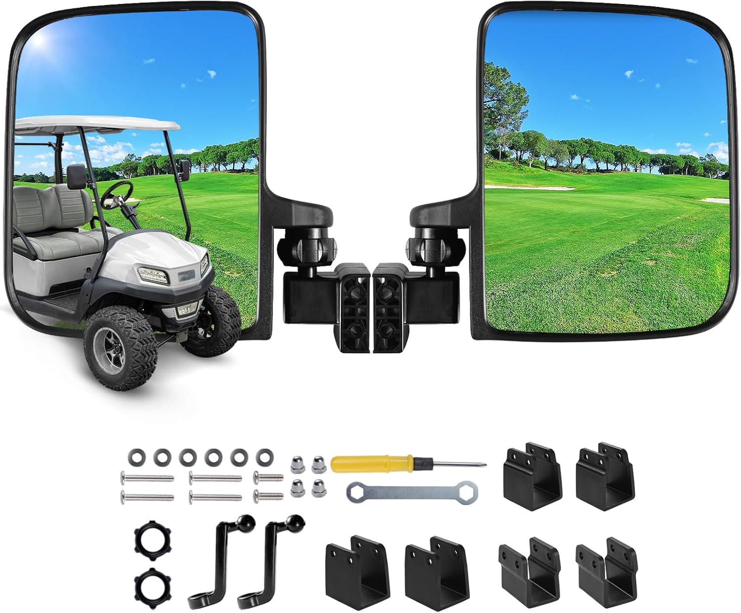 NOKINS No Drilling Folding Side Rearview Mirrors HD Glass for Golf Cart Club Car EZGO and Yamaha Golf Cart Folding Mirror (for 3/4″ or 1″ square pipe)