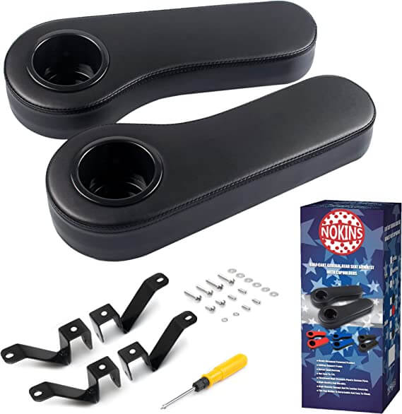 NOKINS No Drilling Armrest for Club Car EzGo Yamaha Golf Cart Rear Seat Kit, No Drilling Required, with Cup Holder (Fits 1 Inch Square Tube)