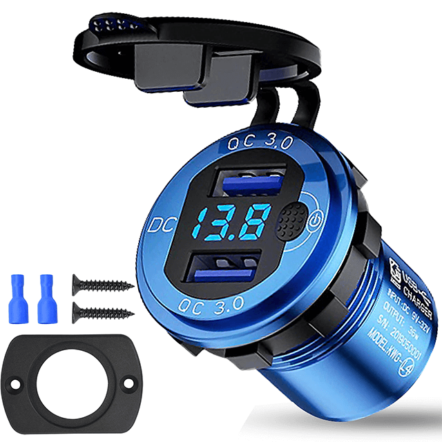 Quick Charge 3.0 USB Charger Socket, 12V/24V Aluminum Waterproof Two-Way Car Charger Power Adapter Socket with LED Display for Cars, Boats, Motorcycles, Scooters, RVs, Golf Carts DIY Kits (Blue)