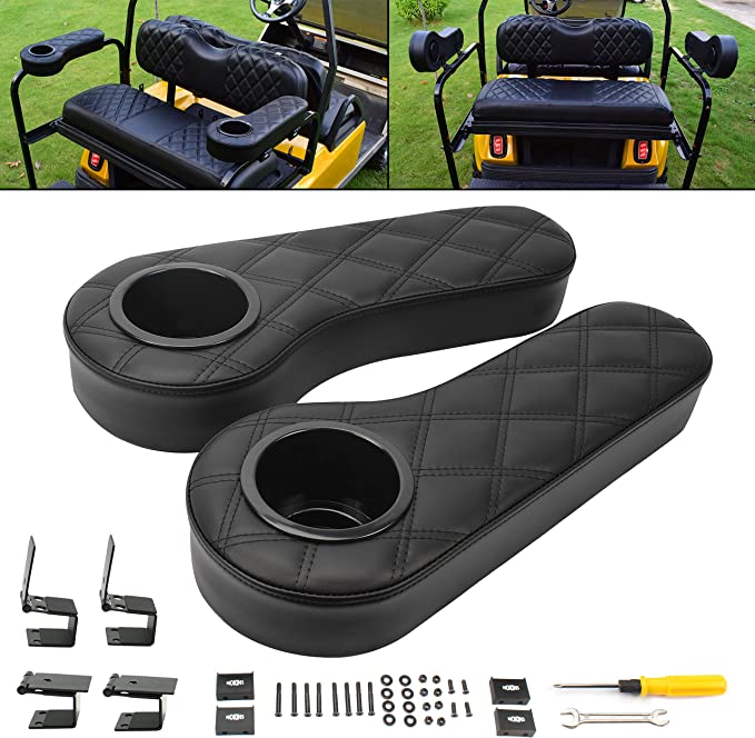 NOKINS Foldable/Flip Armrest with Cup Holder, No Drilling Required, Golf Cart Folding Flip Hinged Armrest, Inward Mount, for Club Car EzGo Yamaha Back Seat Kit (Fits 1 Inch Square Tube)