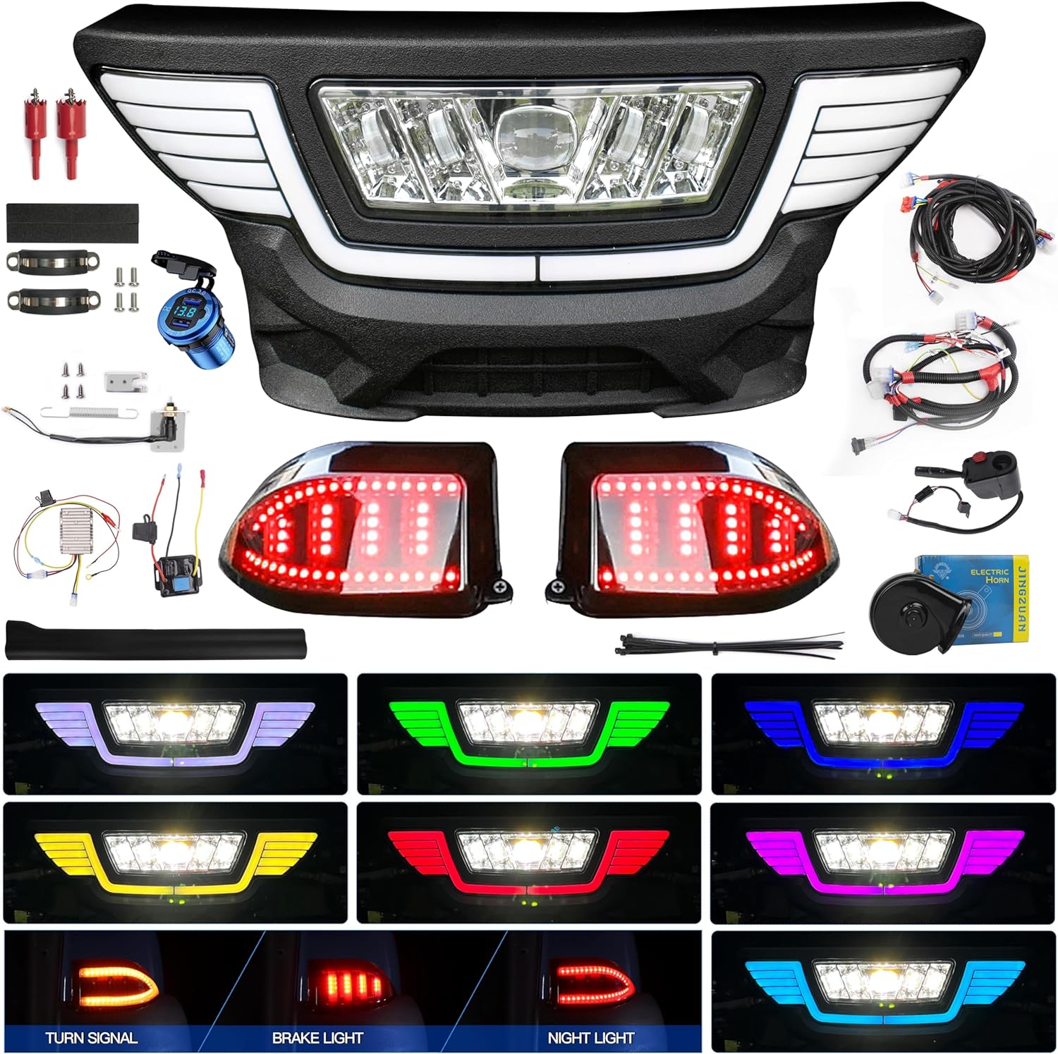 NOKINS Colorful LED Light Kit for Club Car Precedent Electric & Gas 2004-UP,Tempo,Mechanical Brake Switch,20A DC Converter Regulator,Time-delay Relay,USB Charger,Snail Horn,Low/High Beam,DRL,Upgrade Bumper Headlight,Scanning Turn Taillights with Sequential Turn Signal Operation ( 7 Solid Colors,Pls Check Video Below)