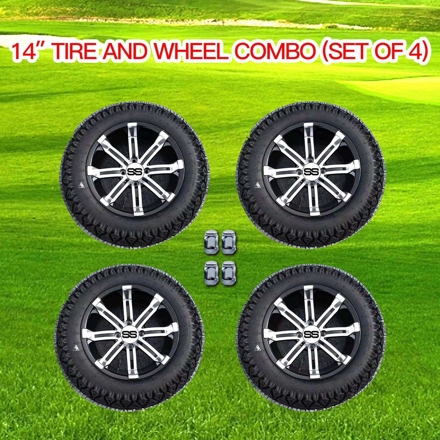 NOKINS 14" Tire and Wheel Combo, 23x10.5-14 All Terrain Tire on 14x7 Rim for Golf Cart Club Car/EZGO/Yamaha (Set of 4), matching nuts included   Free Shipping
