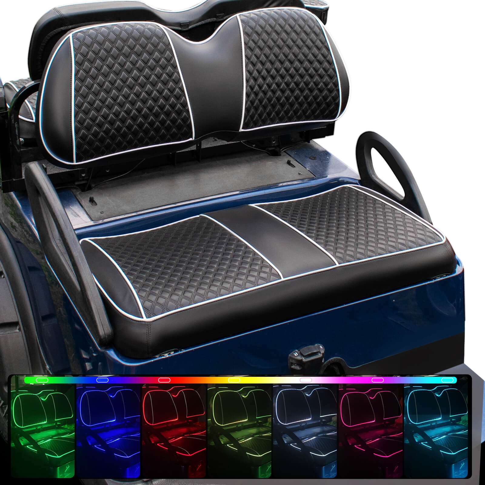 NOKINS RGB Seat Cover with New RGB Color Changing LED Technology,Colorful Ambient Lights for Club Car/Ezgo/Yamaha/Rear Seat, Wireless APP, Connect to Battery Box, No Staplers/Nails Required, Golf Cart Vinyl Slip-on Seat Cover (options of brands together in this link)