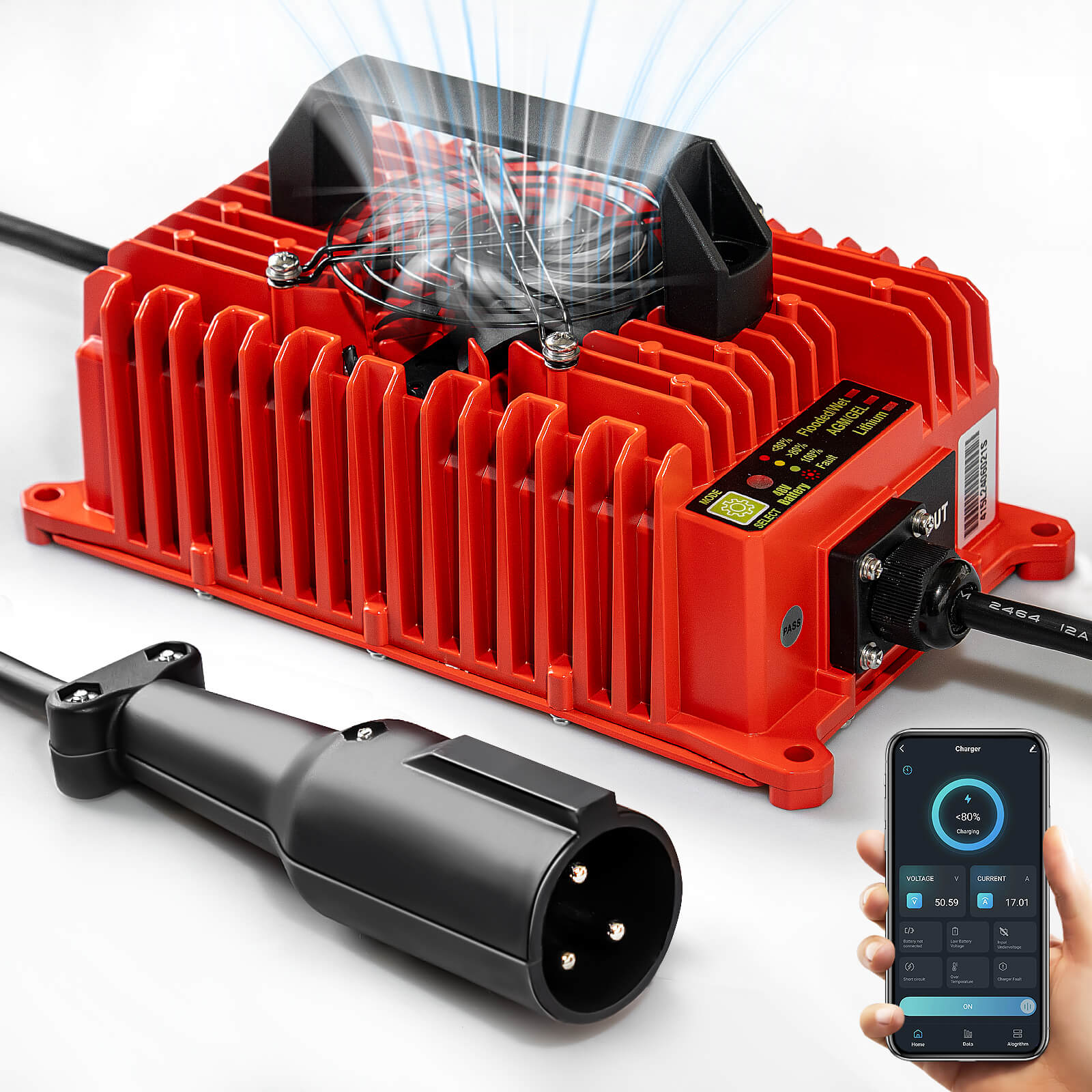 NOKINS Battery Charger for Club Car DS/Precedent, 48V 15 AMP Golf Cart,Type 3-Pin Round Plug, APP Control,3-6H Full Charge, 48 Volt Golf Cart Club Car Charger with 12.5FT Cord