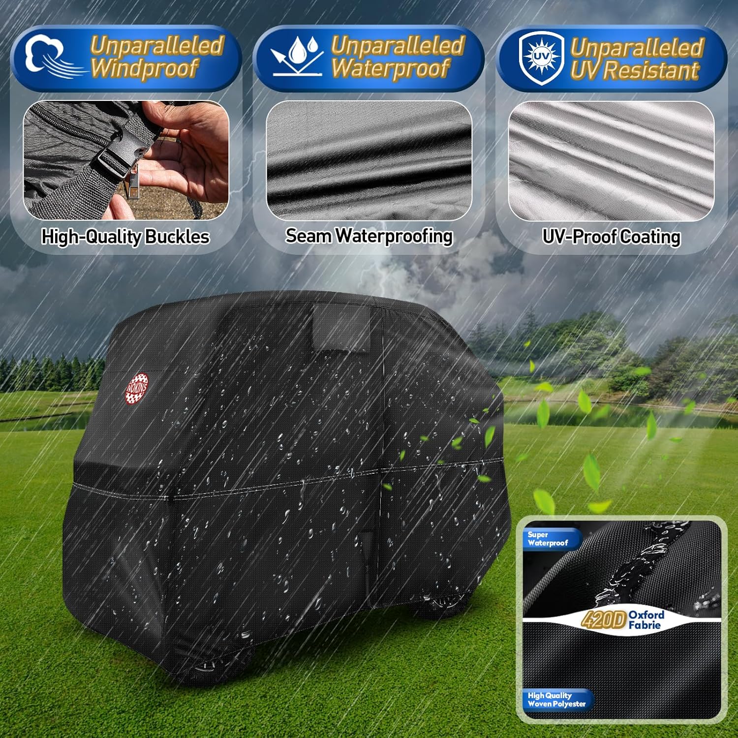 NOKINS 420D Waterproof 2+2 Specialized Golf Cart Cover,Oxford Fabric Cover Fit for Most Standard 2+2 Seater Golf Cart EZGO, Club Car, Yamaha, Protects Your Car from Wind and Rain,Black